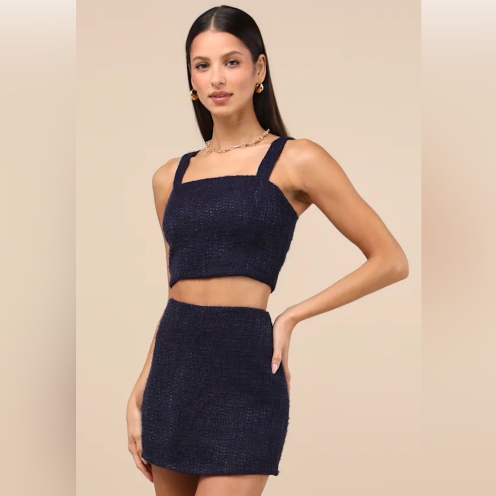 Lulu’s Elevated Attitude Navy Tweed Sleeveless
Two-Piece Skort Romper